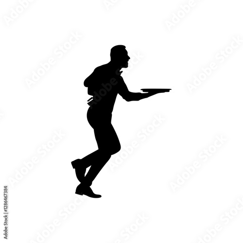 A waiter running with a tray, Black and white background vector.