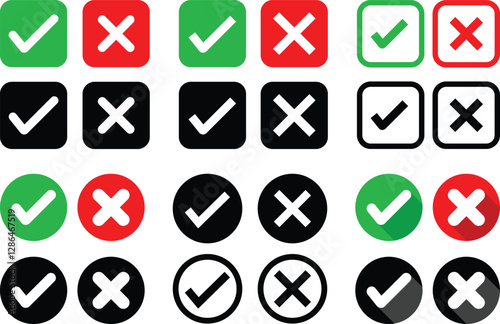Right or wrong, Green tick and red cross icon set. Check mark, accepted, rejected, approved, disapproved, right, wrong, correct, false, true, done symbols for user interface.