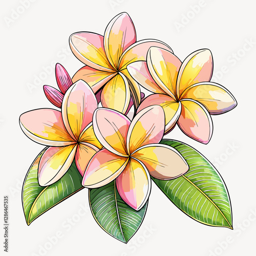 Plumeria Flowers with Vibrant Pink and Yellow Petals in Detailed Botanical Illustration

