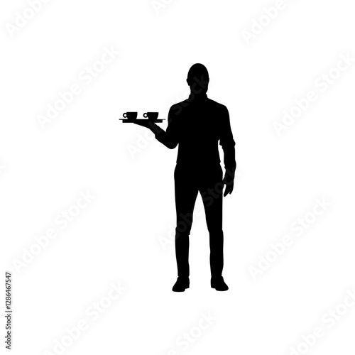 A waiter stands with a tray in his hand and two glasses of wine on top. Vector. Black and white background.