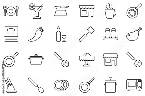 Cooking and kitchen icon. Linear style. Caffe, restaurant, table, pan, skimmer, knife holder, chef, microwave oven, cooking book. Containing fork, spoon, knife, plate, cloche, chef hat, beverage.