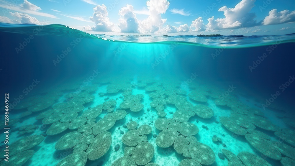 Obraz premium Aerial view of coral bleaching in tropical reef with clear blue ocean and cloudy sky 