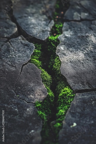 A deep crack in dark stone with vibrant green moss growing within the crevice, highlighting nature's resilience