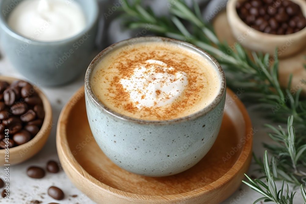Cozy Cinnamon-Topped Cappuccino with Fresh Rosemary and Coffee Beans Cozy Cinnamon-Topped Cappuccino with Fresh Rosemary and Coffee Beans