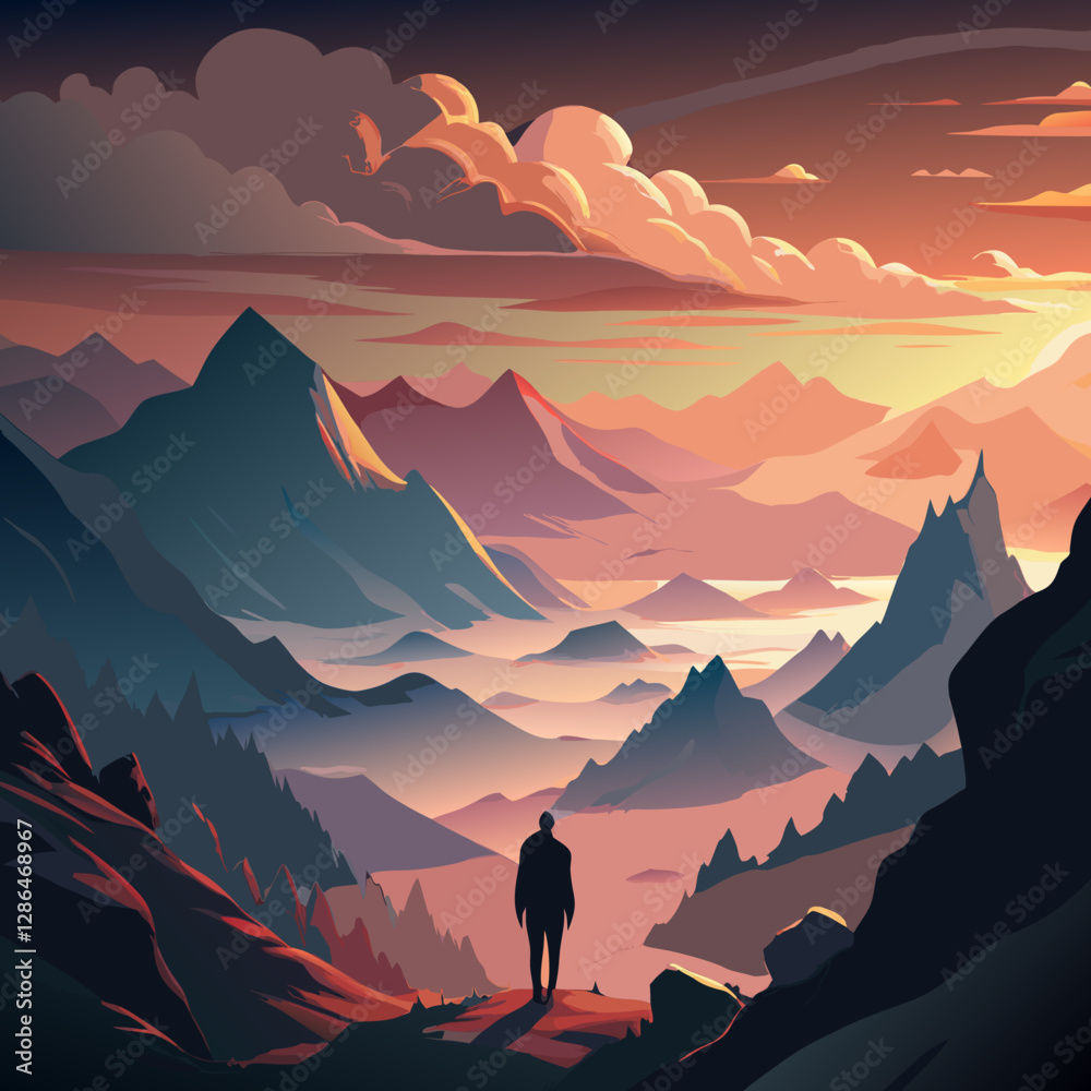 Naklejka premium Mountain Landscape with Silhouette Figure and Dramatic Sunset in Epic Fantasy Illustration