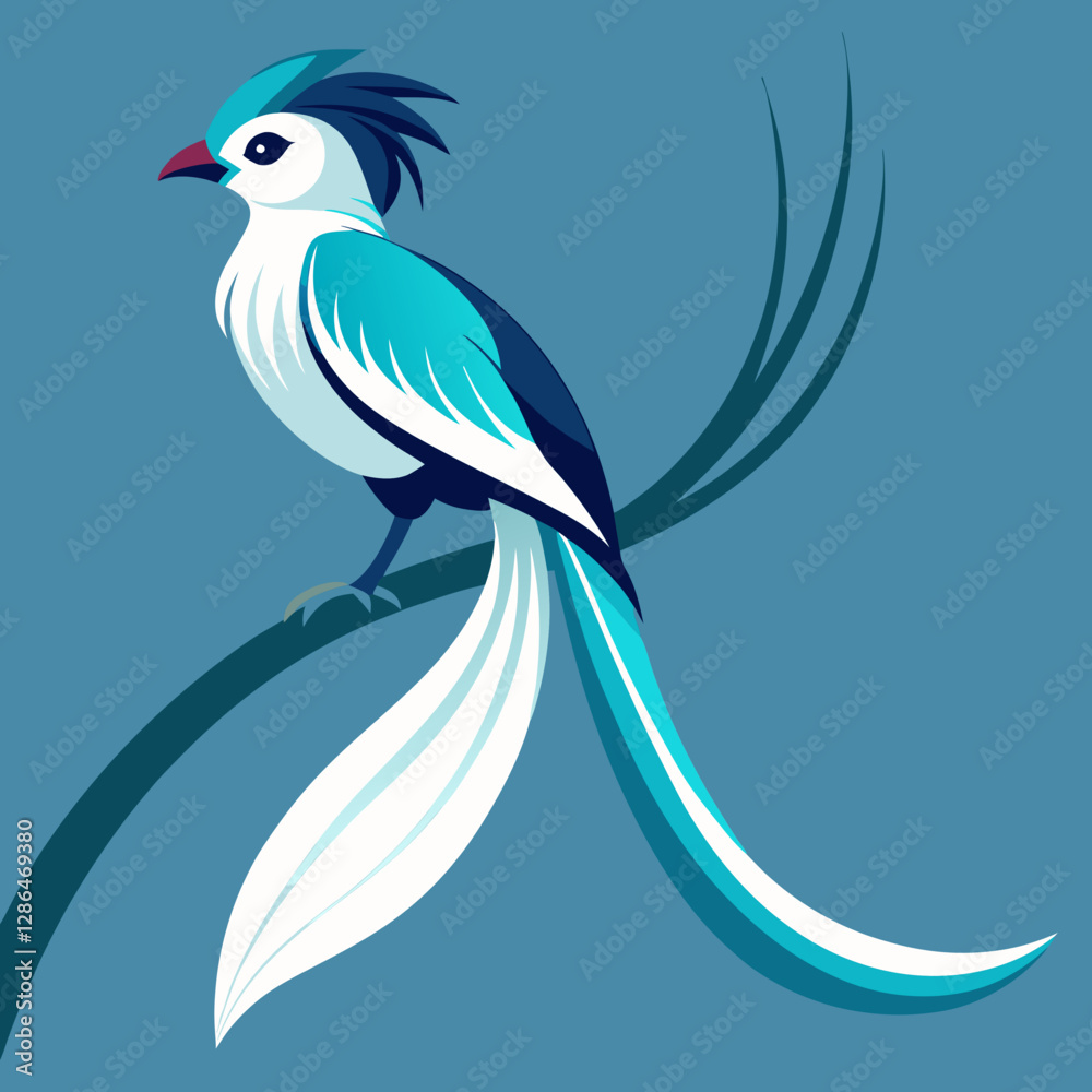 Obraz premium Stylized Tropical Bird with Long Tail Feathers and Blue and White Plumage in Minimalist Illustration
