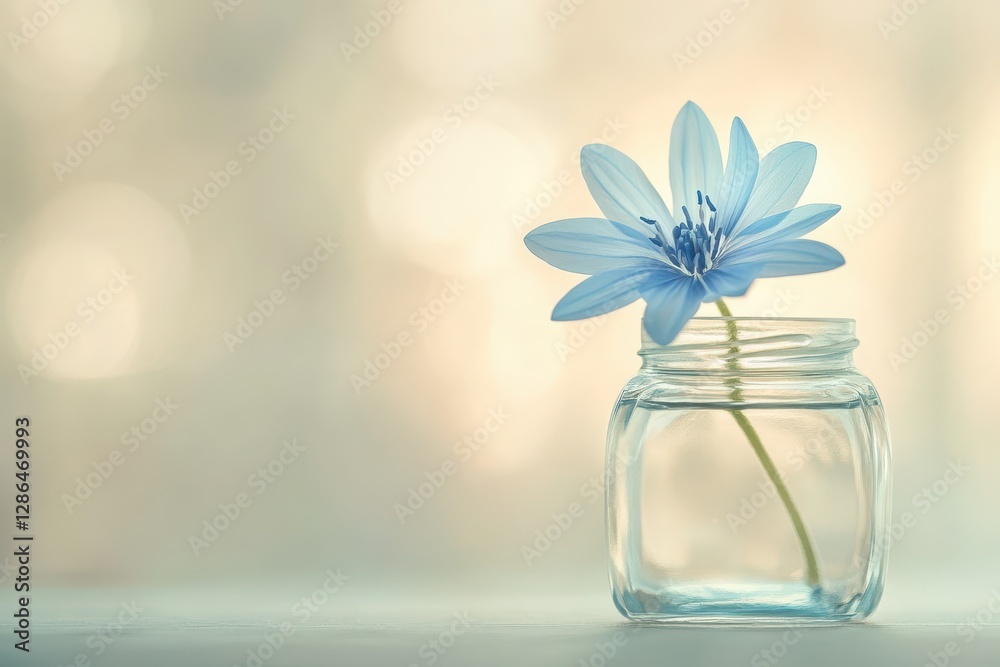 Graceful blue flower in a delicate glass jar against a soft blurred background creating a serene ambiance Graceful blue flower in a delicate glass jar against a soft blurred background creating a serene ambiance