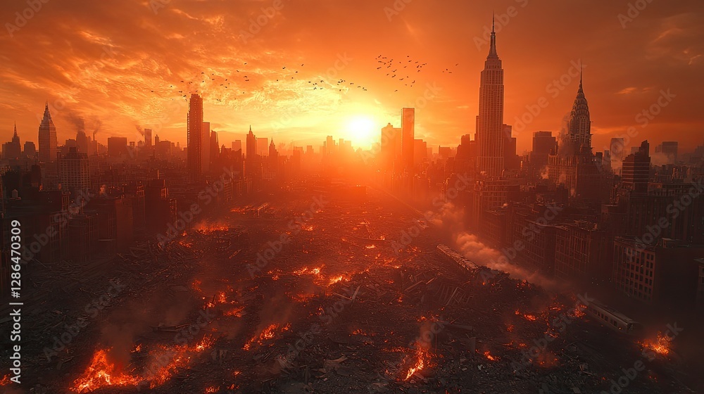 Fototapeta premium Burning Cityscape Sunset Apocalyptic Digital Art Print