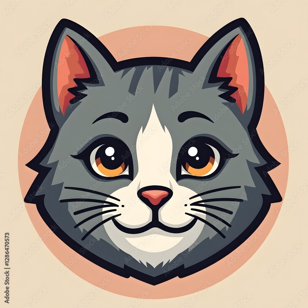 Adorable grey cat with bright orange eyes smiling warmly against peach background Adorable grey cat with bright orange eyes smiling warmly against peach background