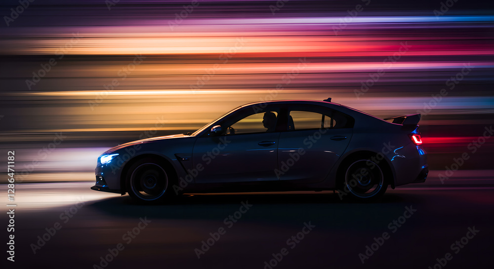 Fast moving dark blue luxury sedan on black background with colorful light streaks. Dynamic car motion shot at night. Speed and power concept for automotive advertising Fast moving dark blue luxury sedan on black background with colorful light streaks. Dynamic car motion shot at night. Speed and power concept for automotive advertising