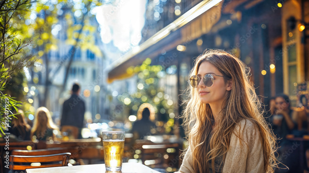 Fototapeta premium Stylish young woman with sunglasses at outdoor cafe terrace during golden sunset. Trendy blonde enjoying beer in alfresco restaurant. Natural backlit portrait with urban atmosphere and bokeh lights
