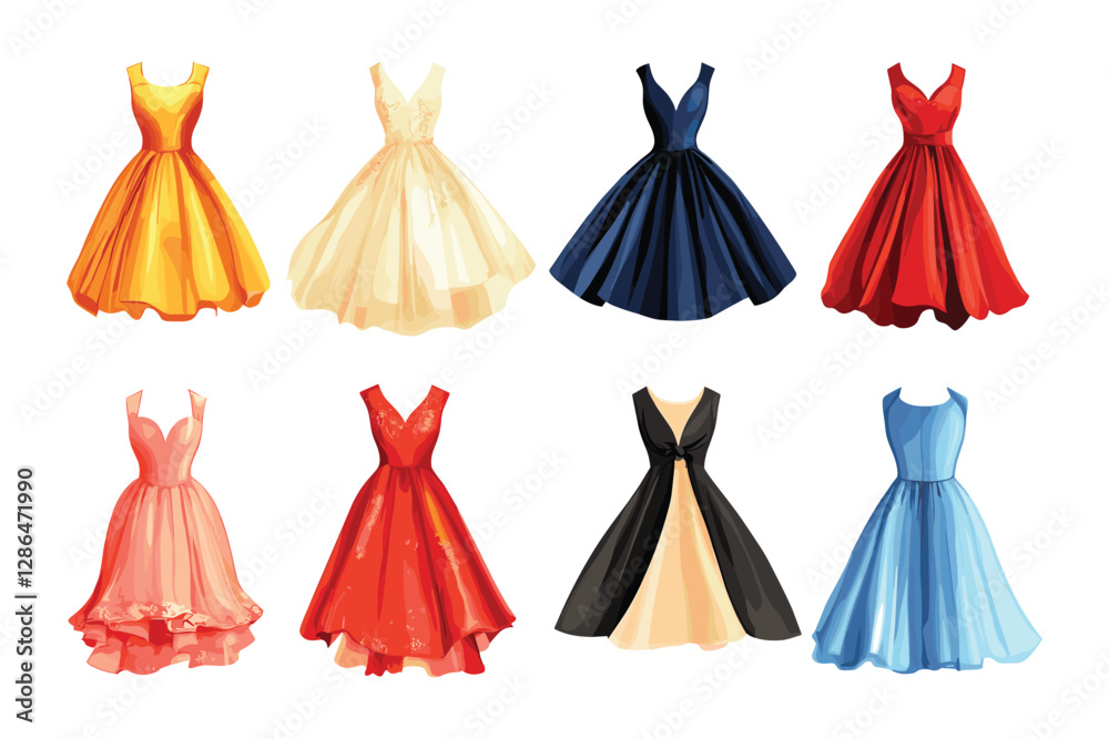 Obraz premium set of Woman dress for fashion design isolated on a white background, set of colorful Woman dress vector illustrations on white background