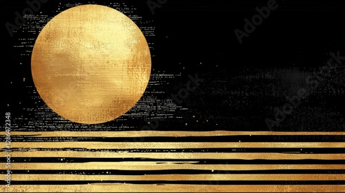Abstract gold moon over black stripes, digital art, background design, print/poster use