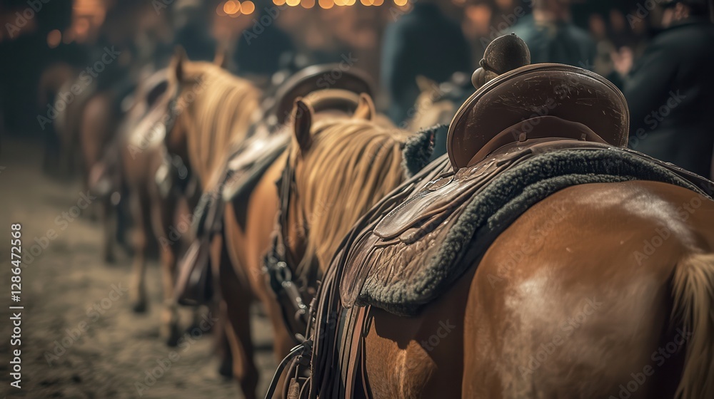 Line of Saddled Horses in an Equestrian Setting with Soft Evening Lights in the Background