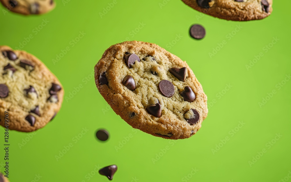 Flying chocolate chip cookies on a vibrant lime green background