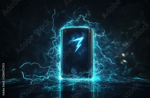 Fast phone charging, dark background, energy sparks, tech concept