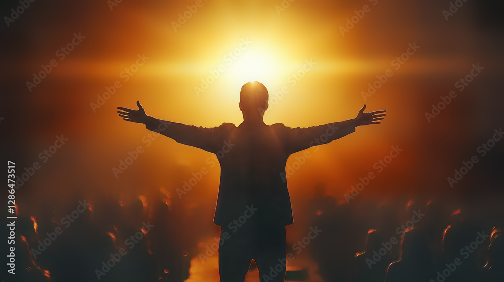 Fototapeta premium Human silhouette with raised arms at sunrise. Spiritual faith moment with divine light rays. Religious worship scene with congregation. Sacred meditation and peaceful enlightenment in golden sunlight.