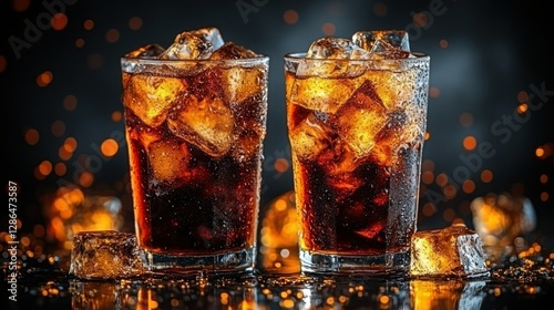 Two glasses of iced cola on a dark background with sparkling lights