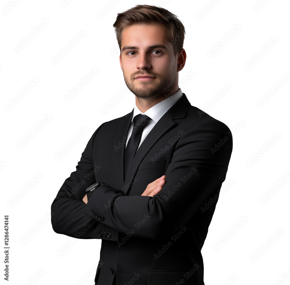 A young, confident businessman with his arms crossed, isolated on a transparent background A young, confident businessman with his arms crossed, isolated on a transparent background