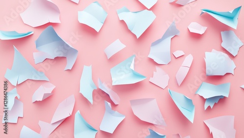 3D isometric, pastel-colored, broken pieces of paper on a pink background.