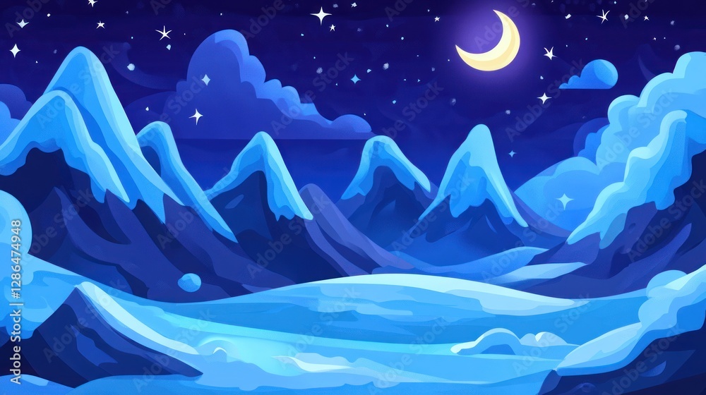 Obraz premium Snowy Mountains Landscape Under Starry Night Sky with Crescent Moon