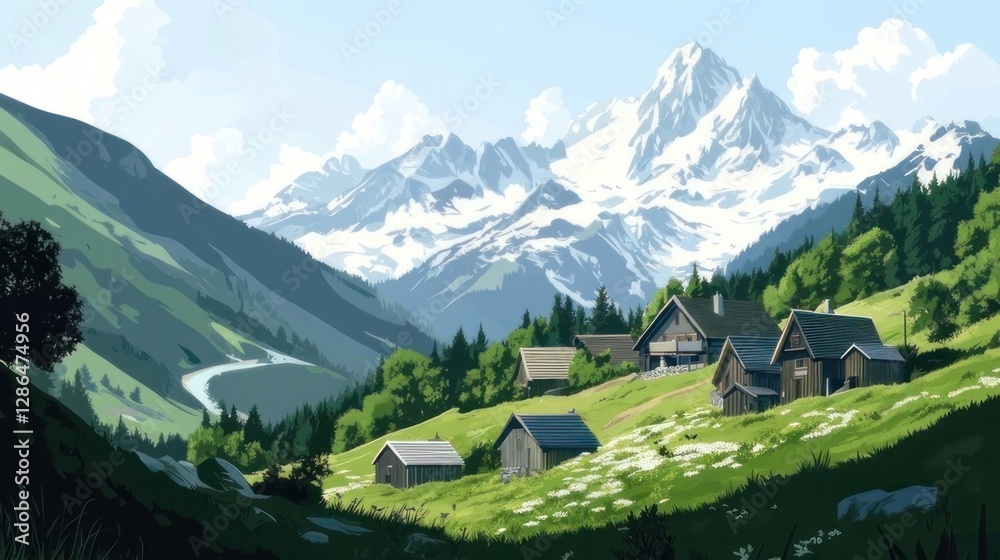 Alpine Village nestled in valley below snow-capped peaks