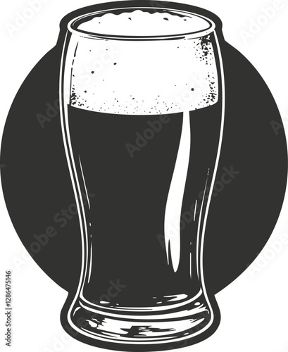 Illustration of a beer glass with frothy top on a dark circle background.