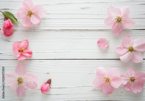 Interesting floral background with space for text, pink flowers on a white wooden background