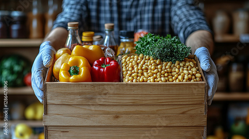 food drive donations Fresh vegetables and grains in wooden crate, delivered with care. vibrant colors of peppers and greens highlight importance of healthy eating