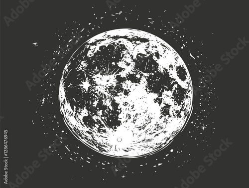 Black and white illustration of the moon with craters and stars.