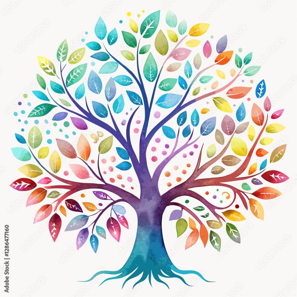 Fototapeta premium Vibrant Watercolor Tree of Life with Rainbow Leaves and Whimsical Design