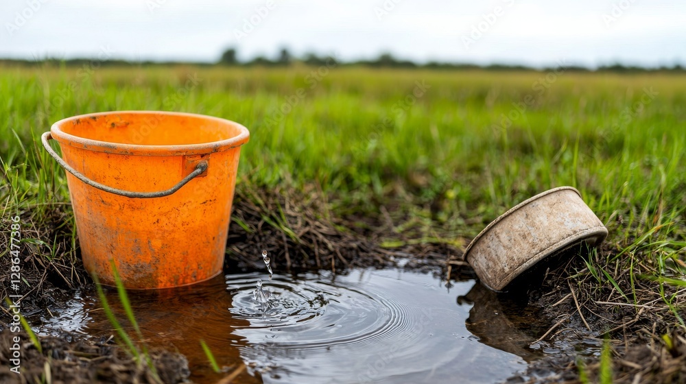 Rusty and Orange Plastic Bucket in Muddy Field Nature Photography Rural Environment Close-Up Perspective Visual Storytelling Rusty and Orange Plastic Bucket in Muddy Field Nature Photography Rural Environment Close-Up Perspective Visual Storytelling