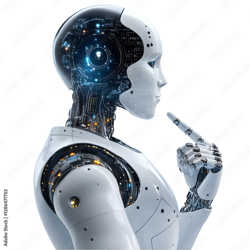 Naklejka premium Futuristic Robot Thinking Artificial Intelligence Cyborg Technology Concept