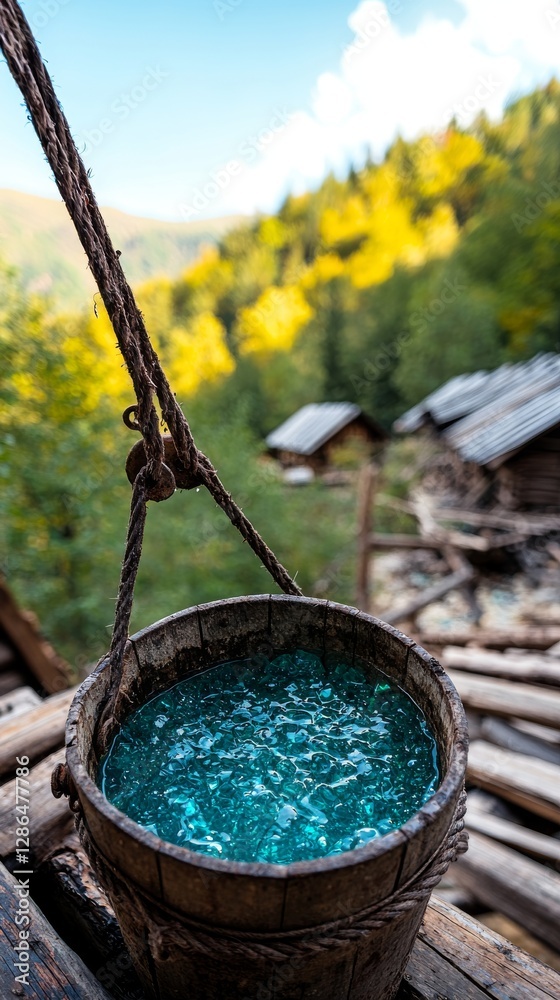 Rustic Wooden Bucket with Teal Water Mountain Valley Nature Photography Scenic View Tranquil Concept Rustic Wooden Bucket with Teal Water Mountain Valley Nature Photography Scenic View Tranquil Concept