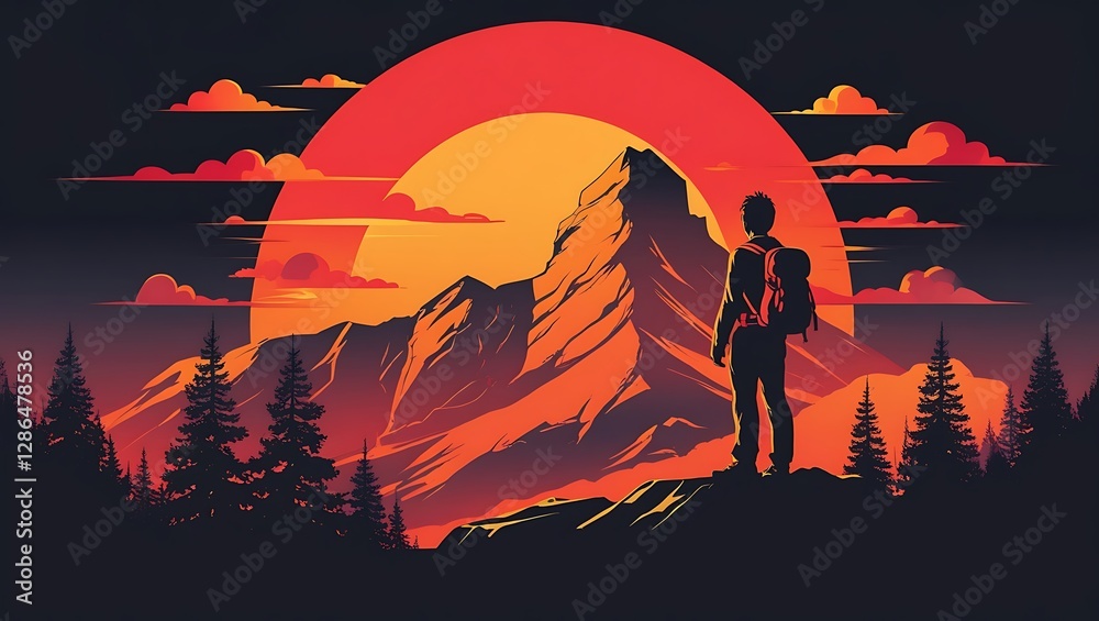 Naklejka premium Adventurous hiker admires a majestic mountain sunset.