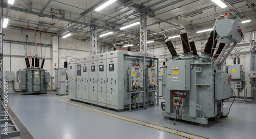 Industrial Power Transformer and Control Panel in Electrical Substation