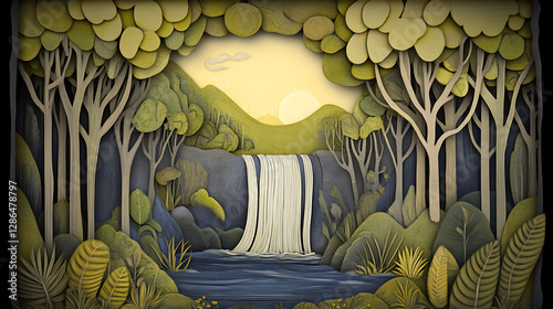 paper art style of landscape with animals in a forest beautiful trees and leaves. in natural forest layered shape in natural forest layered shape