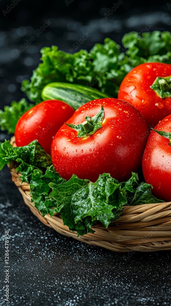 Fresh Juicy Tomatoes and Crisp Cucumbers in a Rustic Basket Vibrant Kitchen Setting Close-Up View Flavorful Ingredients for Healthy Cooking Fresh Juicy Tomatoes and Crisp Cucumbers in a Rustic Basket Vibrant Kitchen Setting Close-Up View Flavorful Ingredients for Healthy Cooking