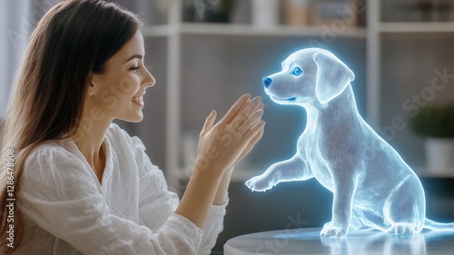 Beautiful woman playing with a holographic puppy as a virtual pet in a cozy home environment.
