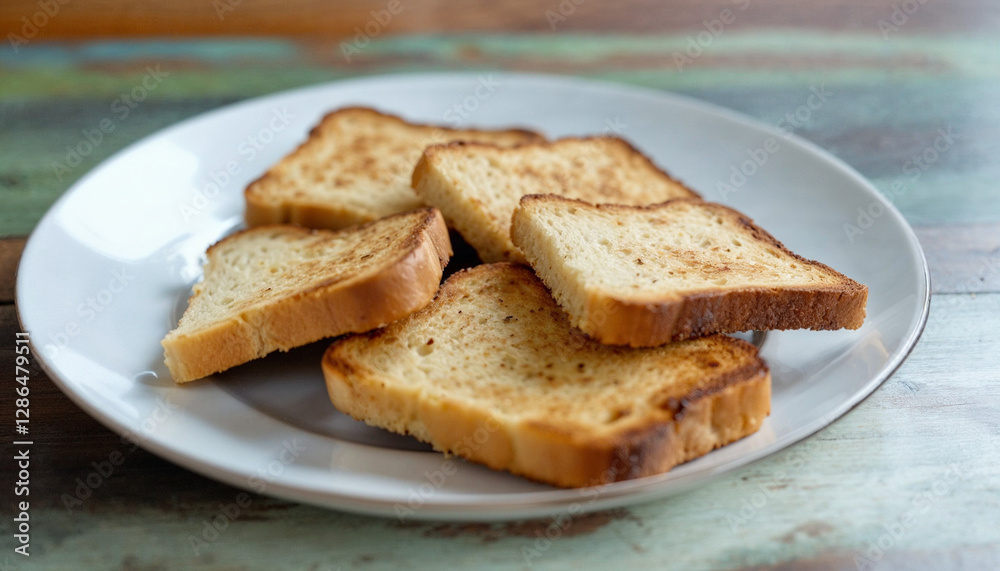 Un plato con cinco rebanadas de pan tostado sobre una mesa de madera, la mesa tiene un color verde y marrón Un plato con cinco rebanadas de pan tostado sobre una mesa de madera, la mesa tiene un color verde y marrón