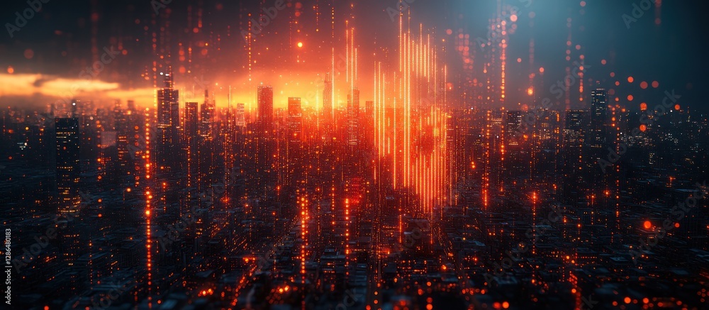 Fototapeta premium Futuristic city skyline at sunset with digital data streams.