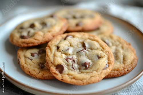 Foto Delicious homemade chocolate chip cookies on a plate, close-up shot showing texture and detail