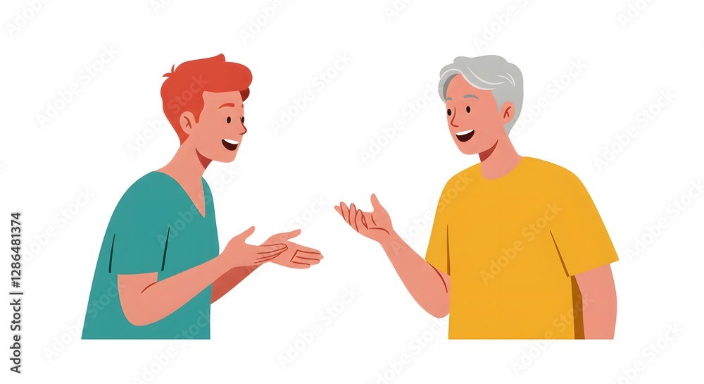 Obraz premium Two men of different ages are engaged in a friendly conversation, expressing ideas and opinions in a positive exchange with animated gestures.