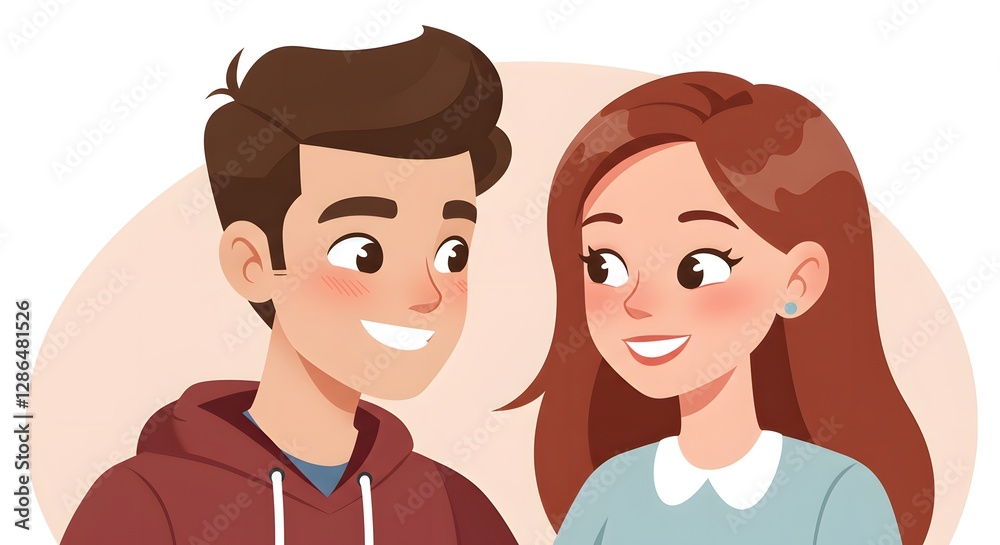 A smiling cartoon couple gazes lovingly at each other, their expressions conveying affection and happiness in a bright, warm, illustrated portrait. A smiling cartoon couple gazes lovingly at each other, their expressions conveying affection and happiness in a bright, warm, illustrated portrait.