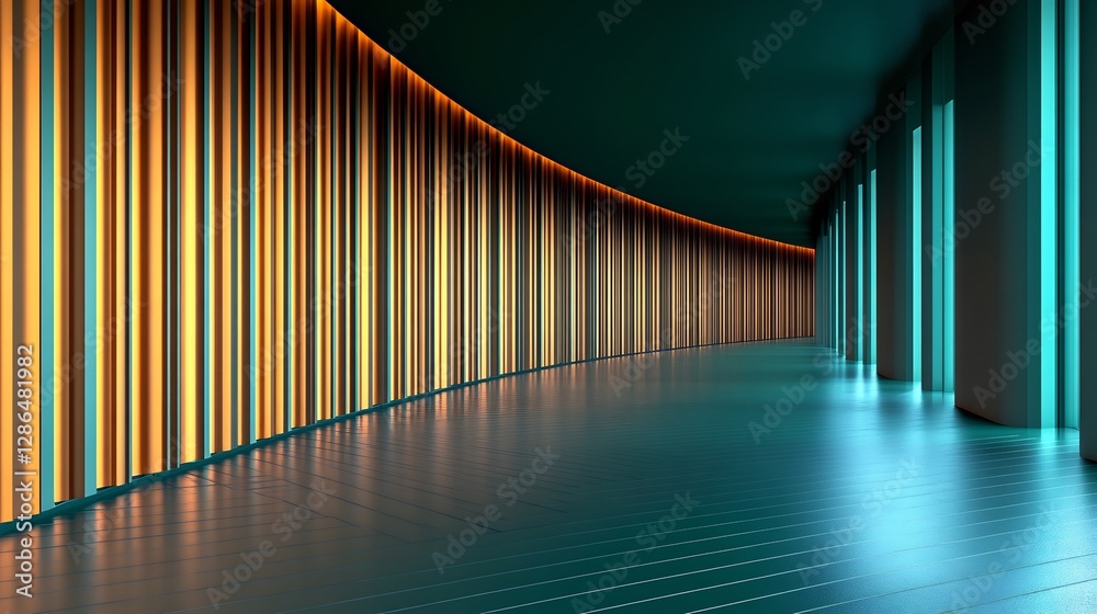Fototapeta premium Curving corridor glows with warm amber and cool teal light creating a futuristic ambiance. AI Generated