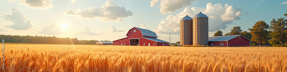 LinkedIn background with rustic countryside farm featuring traditional red barn, towering grain silos, and golden wheat field under bright sky, inviting agricultural design concept