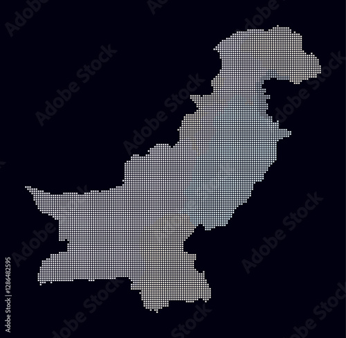 Pakistan dotted map. Digital style map of the country on a dark background. Pakistan shape with square dots. Colored dots style. Small size squares. Trending vector illustration.