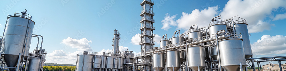LinkedIn background with modern industrial sunflower oil refinery featuring tall stainless steel storage tanks and automated machinery, symbolizing large-scale food production and efficiency.