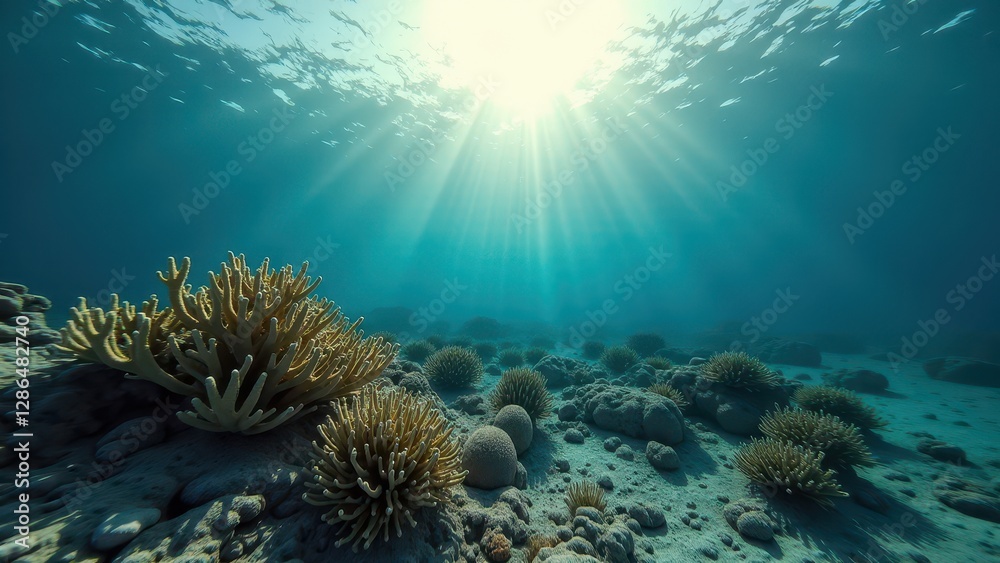 Obraz premium Sunlight beams over bleached coral reef showing marine ecosystem damage underwater 