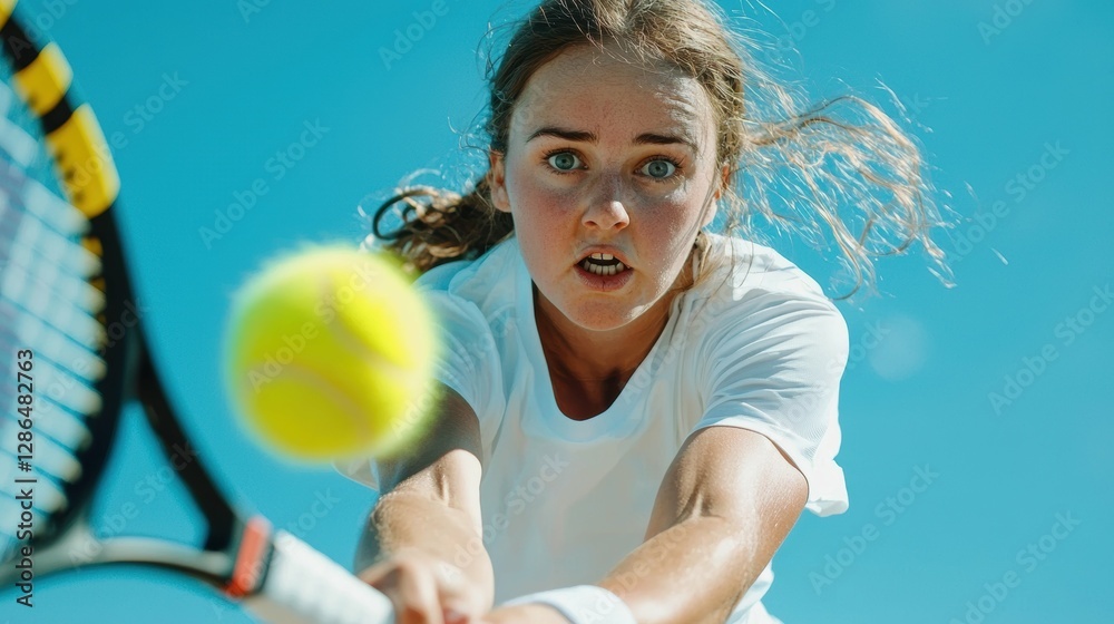 Fototapeta premium Intense tennis rally with dynamic movement under clear blue sky outdoor sports photography action shot
